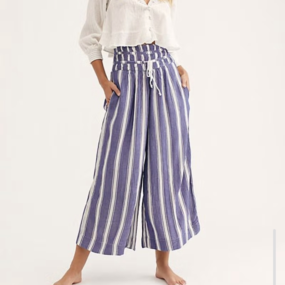 Free People Blue and White Vertical Stripe Wide Leg Pants SZ.S